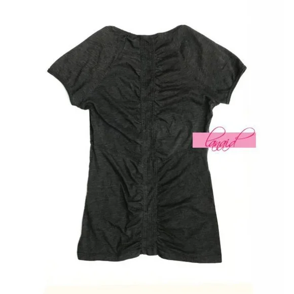 Athleta Fairfax Tee Charcoal Grey Heather V-Neck Ruched Cinched Anti-Bacterial - Picture 2 of 7